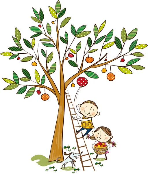 Two kids and the apple tree — Stock Vector