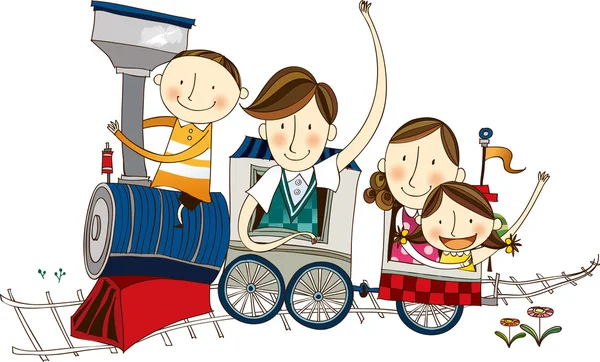 Família feliz viajando pelo trem — Vetor de Stock