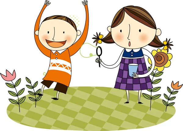 Dos niños felices en el campo con flores — Vector de stock