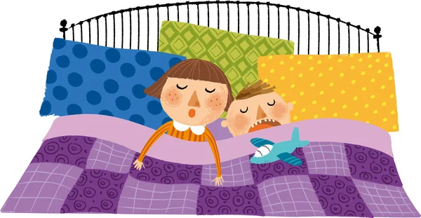 Broer en zus slapen in bed — Stockvector