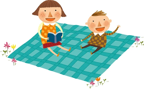 Madre e hijo en un picnic — Vector de stock