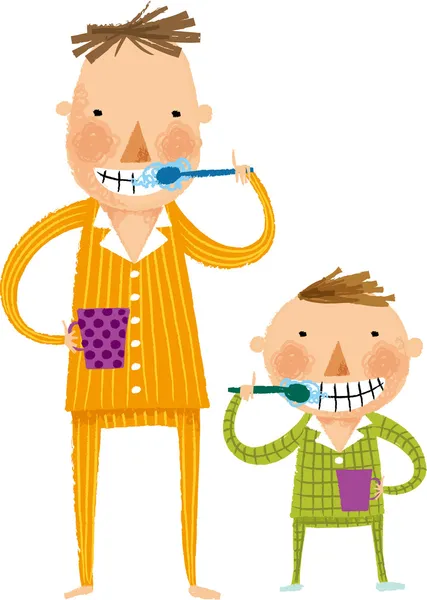 Father and son brushing teeth — Stock Vector