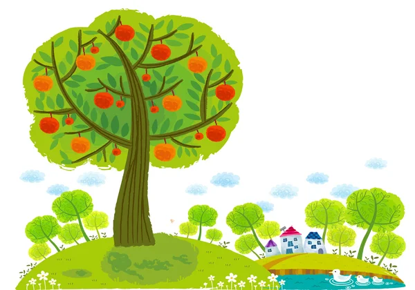 Apples tree on city background — Stock Vector