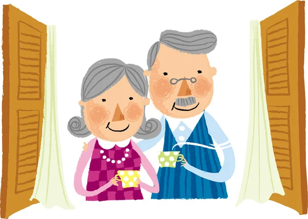 Pareja de ancianos tomando café y mirando por la ventana — Vector de stock