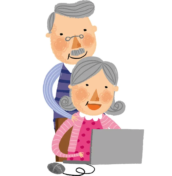 La vista de la pareja de ancianos está utilizando un ordenador portátil — Vector de stock