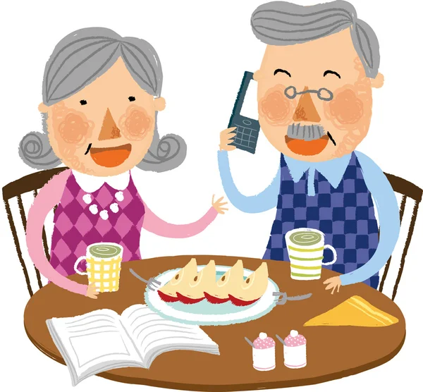 The view of old couple is sitting at the table — Stock Vector