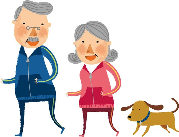 Old couple is running with a dog — Stock Vector