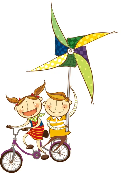 Children on a bike with windmill — Stock Vector