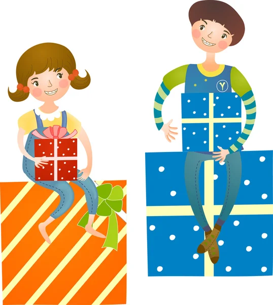 Couple sitting on holiday gifts — Stock Vector