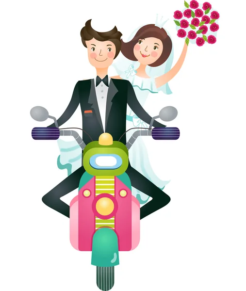 Wedding couple riding on a moped — Stock Vector