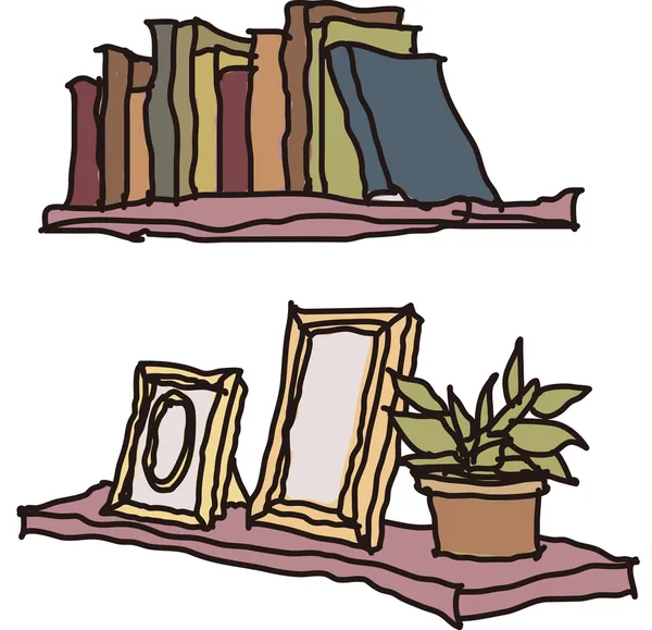 Books and picture frames on the shelves — Stock Vector