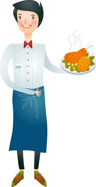 Waiter with chicken in a dish — Stock Vector