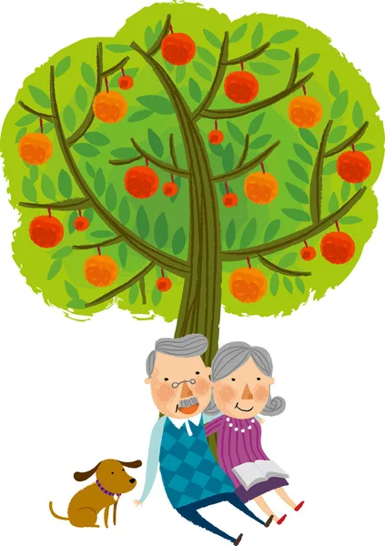 The view of old couple under the tree Royalty Free Stock Vectors