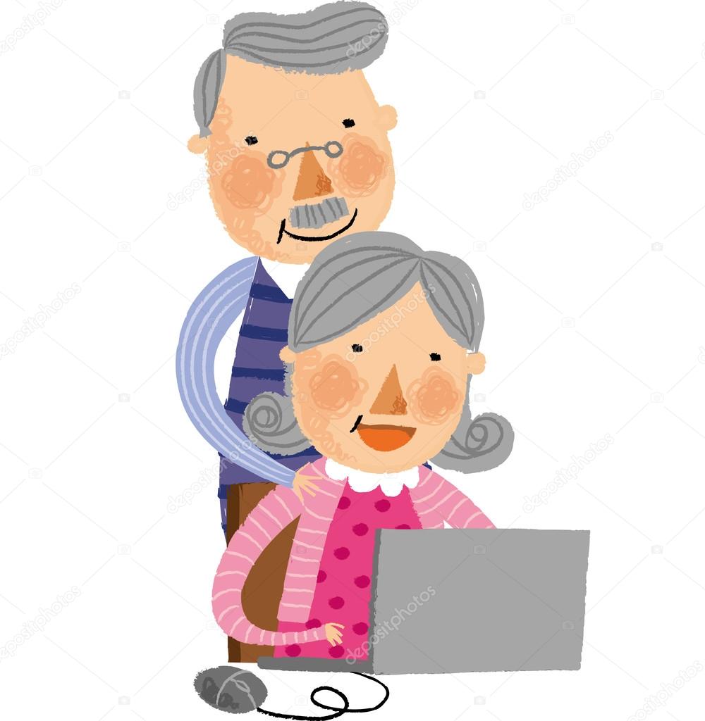 The view of old couple is using a laptop