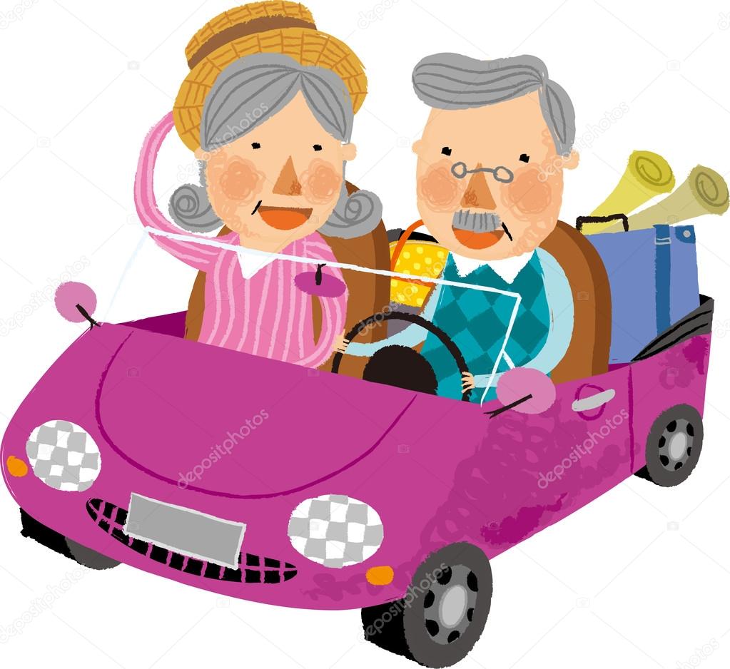 Elderly couple travelling on car