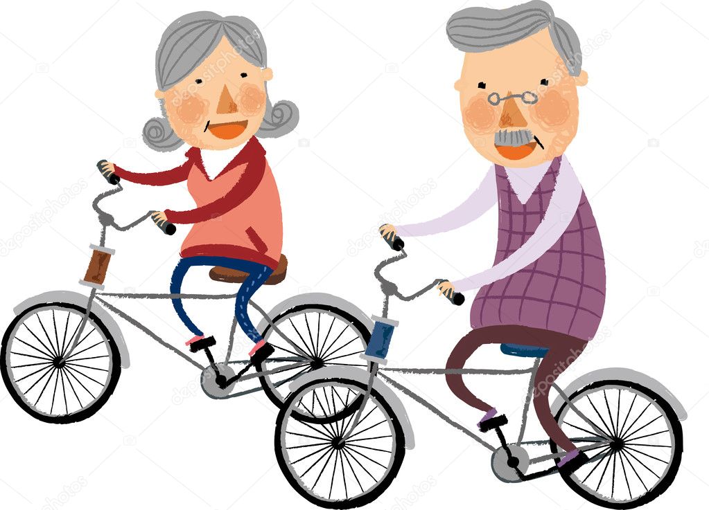 Elderly couple rides on bicycles