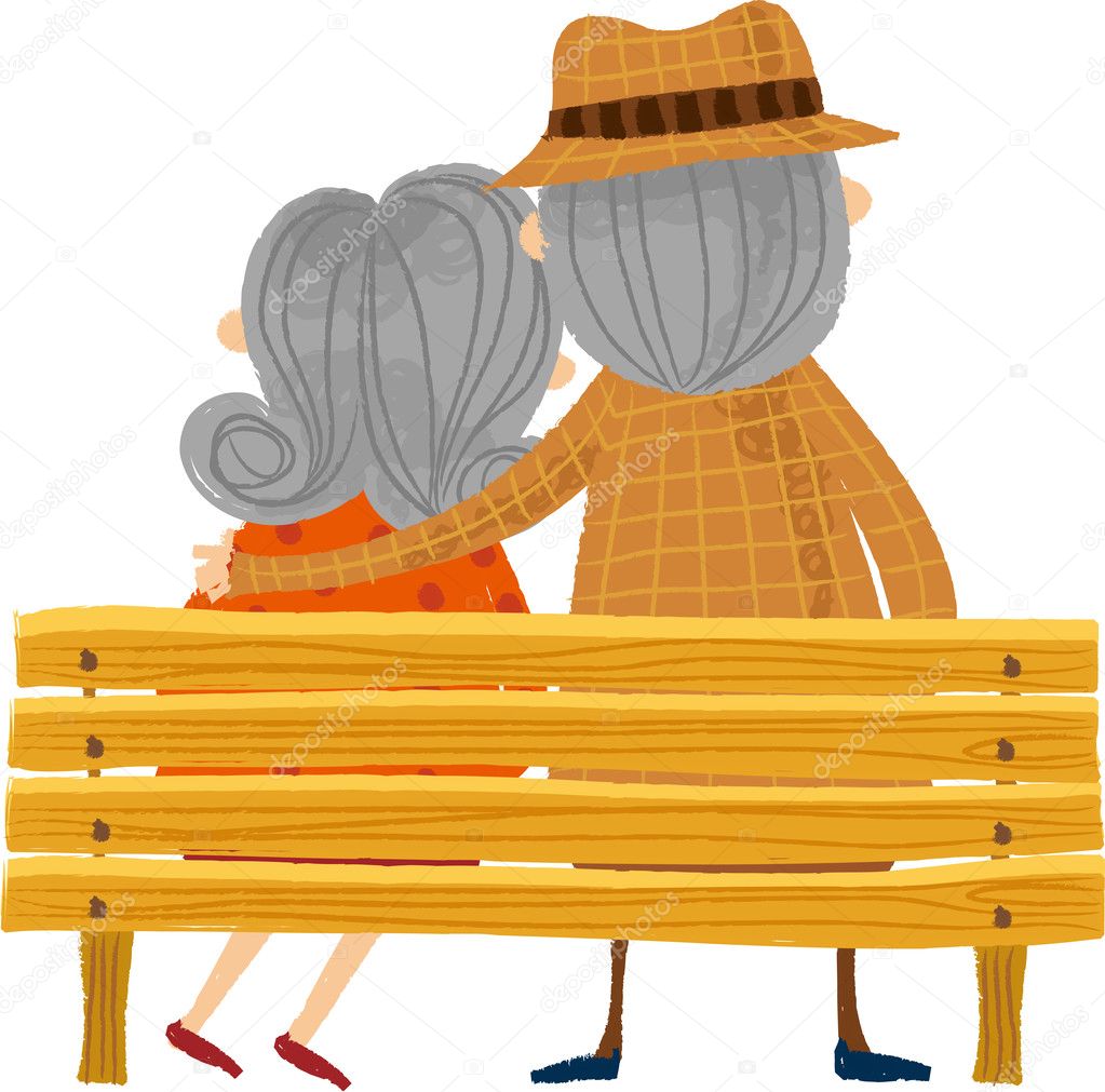 The back view of old couple on the bench