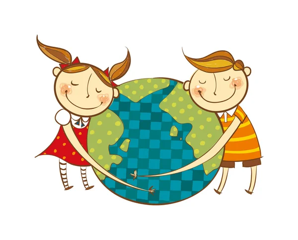 Crianças abraçando planeta — Vetor de Stock