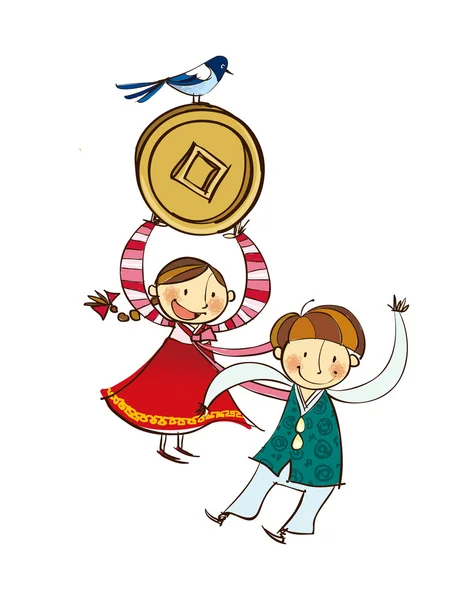 Boy and girl with button — Stock Vector