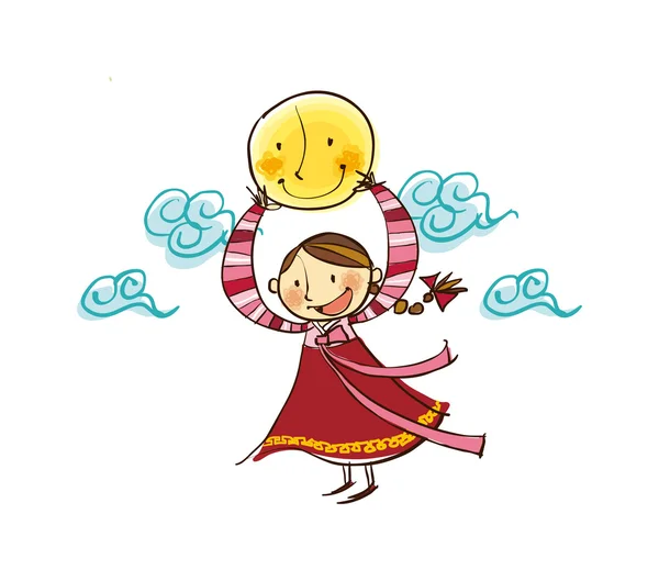 Girl holding the sun in the sky — Stock Vector