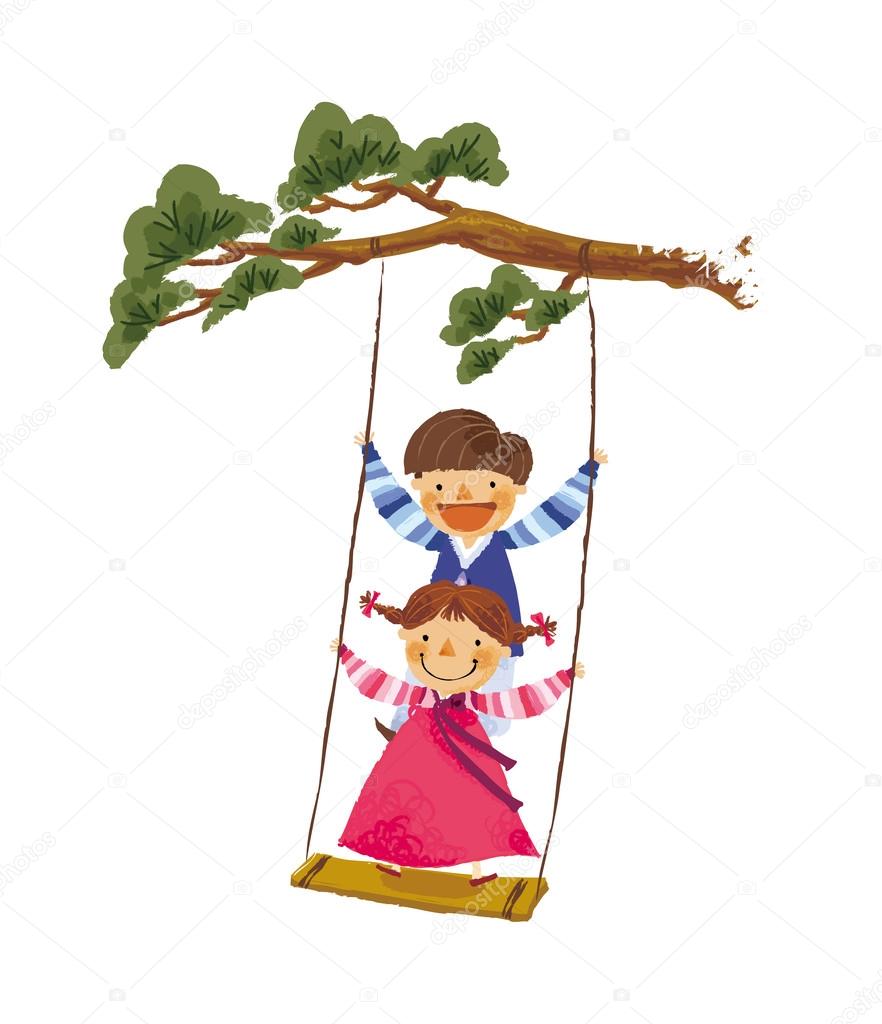 Children ride on a swing