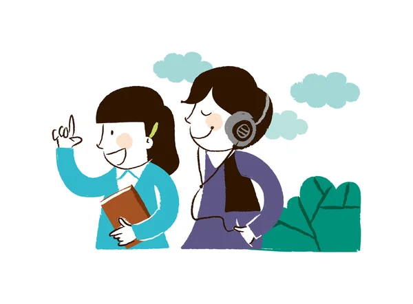 Mädchen mit Buch und Junge hören Musik — Stockvektor