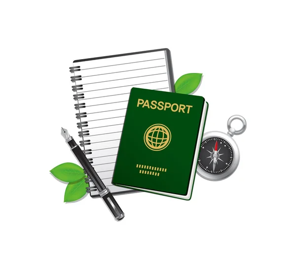 Passport, notebook and compass — Stock Vector