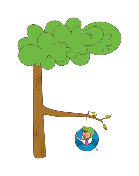 Boy on a swing on a tree — Stock Vector