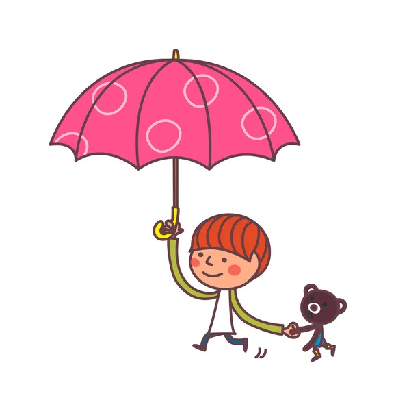 Junge und Bär mit Regenschirm — Stockvektor