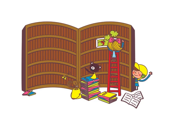Junge und Mädchen in einer Bibliothek — Stockvektor