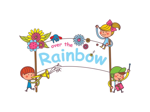 Children with rainbow sign — Stock Vector