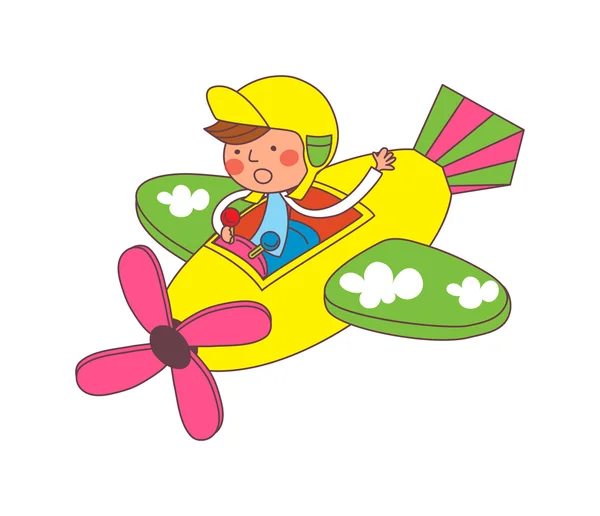 Chico volando en un avión — Vector de stock