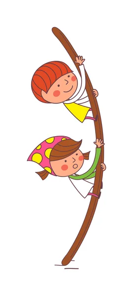 Girl and boy climb on a wooden oject — Stock Vector