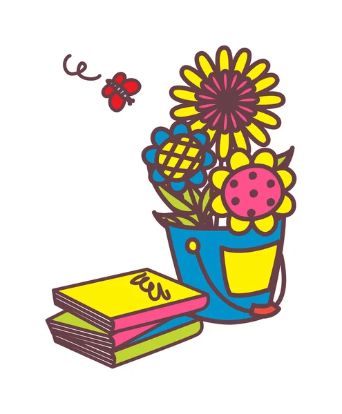 Fleurs en pot avec livres — Image vectorielle