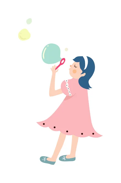 Chica sopla burbujas de jabón — Vector de stock