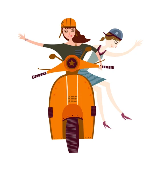 Meninas montando em um ciclomotor — Vetor de Stock