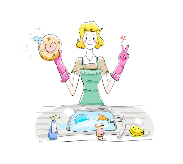 Κορίτσι πλένει πιάτα — Διανυσματικό Αρχείο