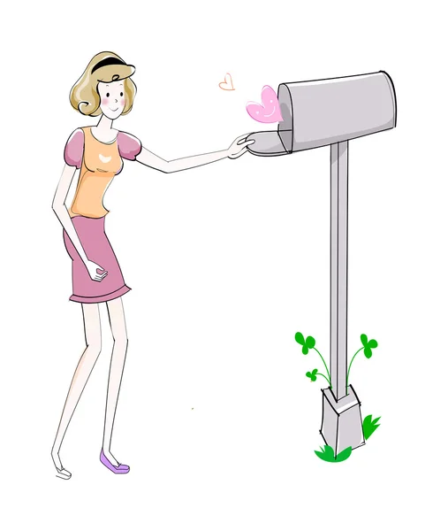 Lány vesz egy levelet a postaládában található — Stock Vector