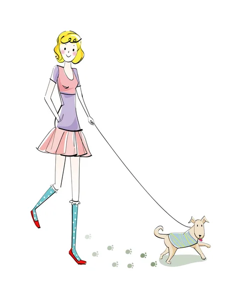 Mädchen geht mit Hund spazieren — Stockvektor