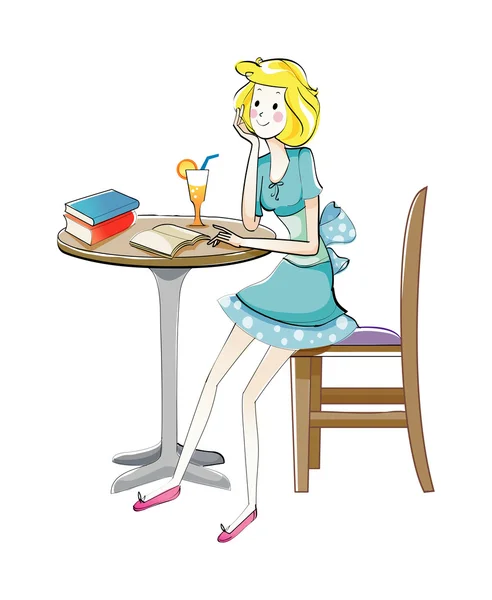 Κορίτσι, διαβάζοντας ένα βιβλίο και πίνοντας ένα κοκτέιλ — Διανυσματικό Αρχείο