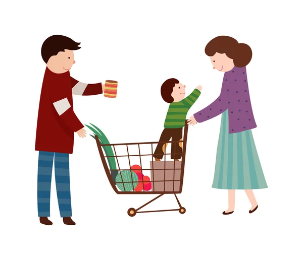 Familia con carrito de compras — Vector de stock