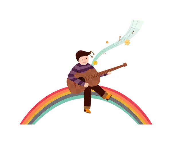 Guy gitaarspelen zittend op een regenboog — Stockvector