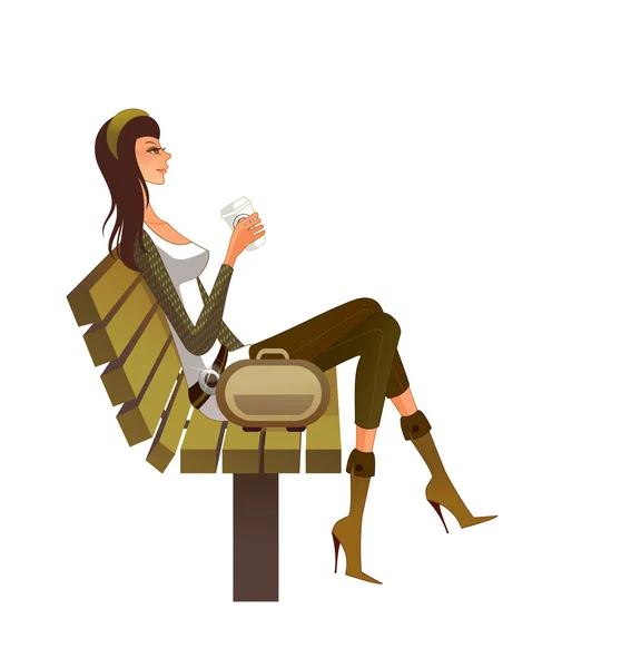 Chica sentada en un banco y bebiendo una bebida — Vector de stock