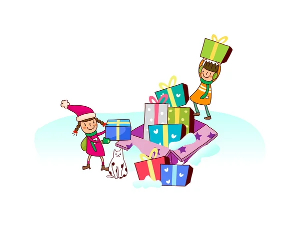 Children with Christmas gifts and cat — Stock Vector