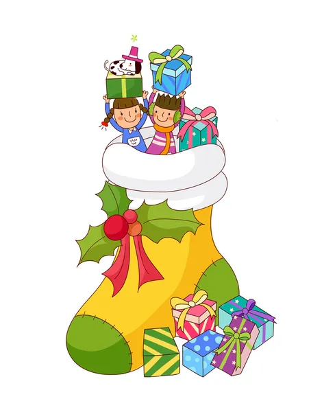 Crianças com presentes em meias de Natal —  Vetores de Stock