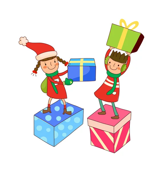 Enfants avec cadeaux de Noël — Image vectorielle