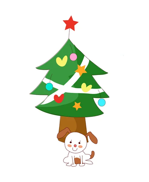 Dog near Christmas tree — Stock Vector