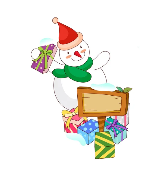 Bonhomme de neige avec cadeaux de Noël — Image vectorielle