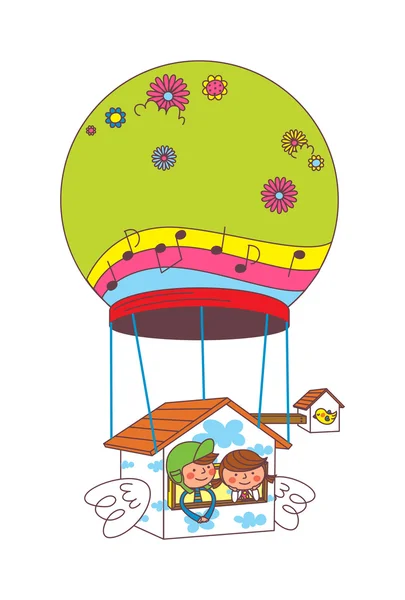 Boy and girl flying in a ballon house — Stock Vector
