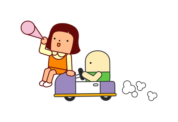 Mann trägt Mädchen auf Spielzeugauto — Stockvektor